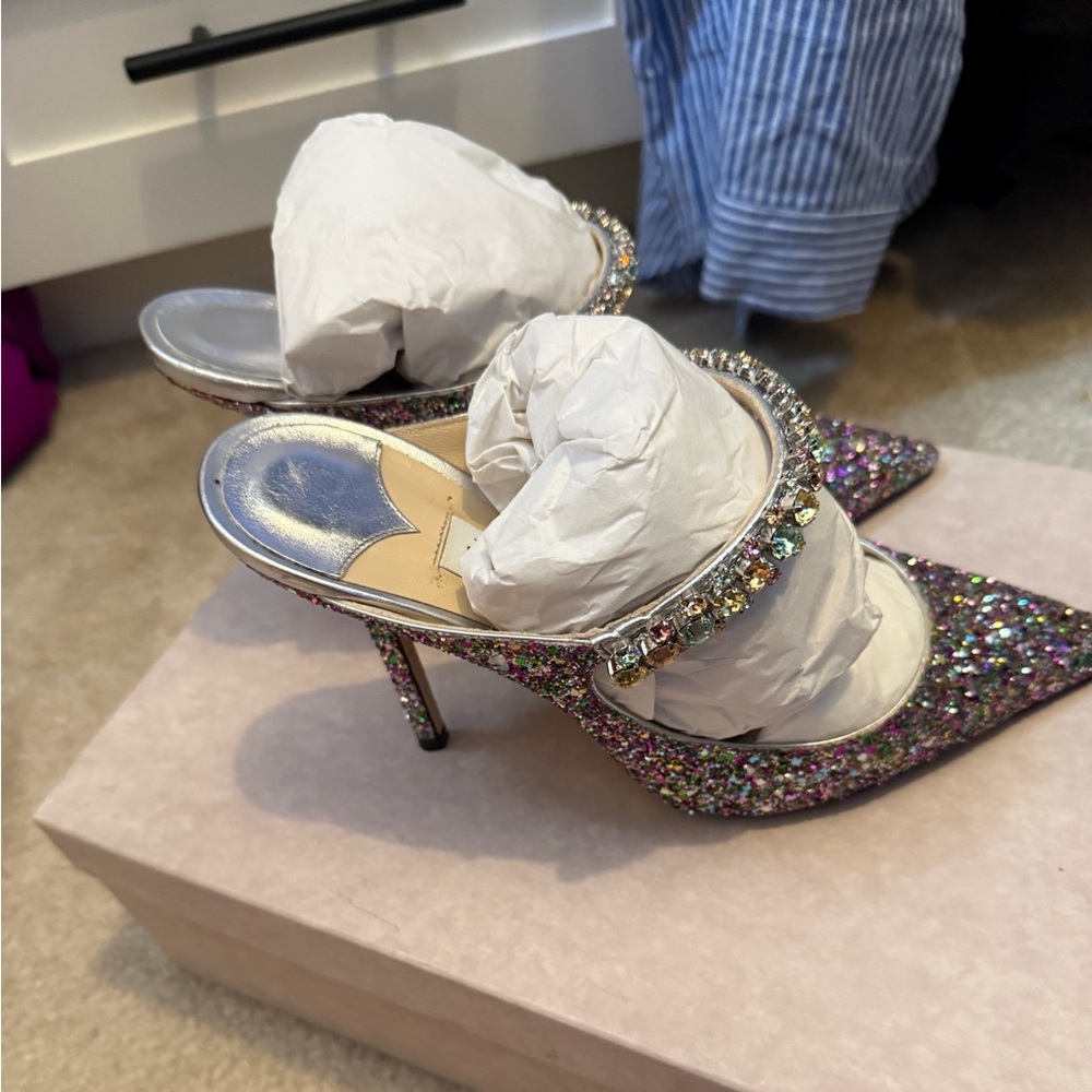 Jimmy Choo Multicolor Glitter Pointed-Toe Stiletto Heels with Jeweled Strap - Picture 5 of 7